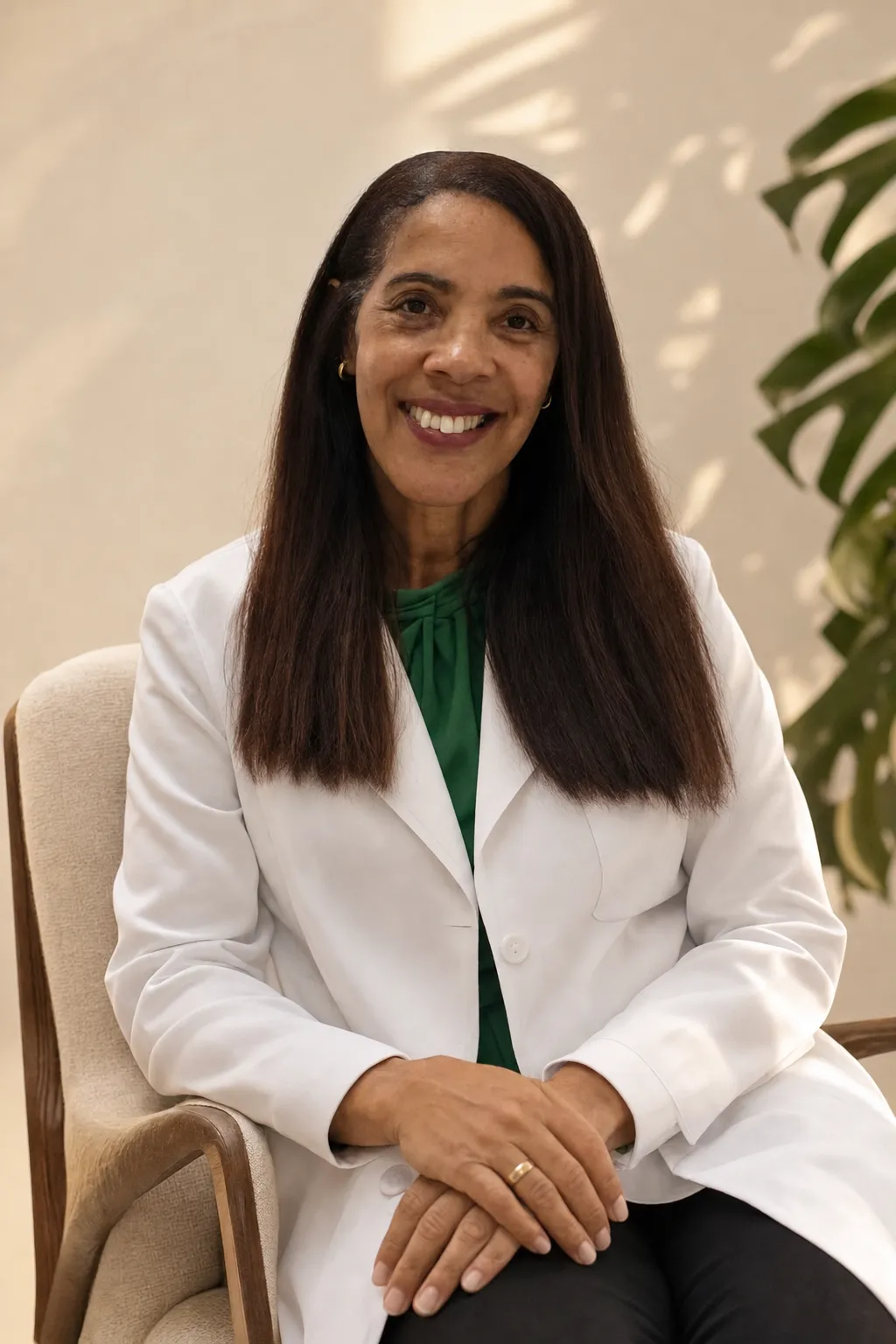 Dra. Enf. Wania Rodrigues sorrindo, de jaleco branco