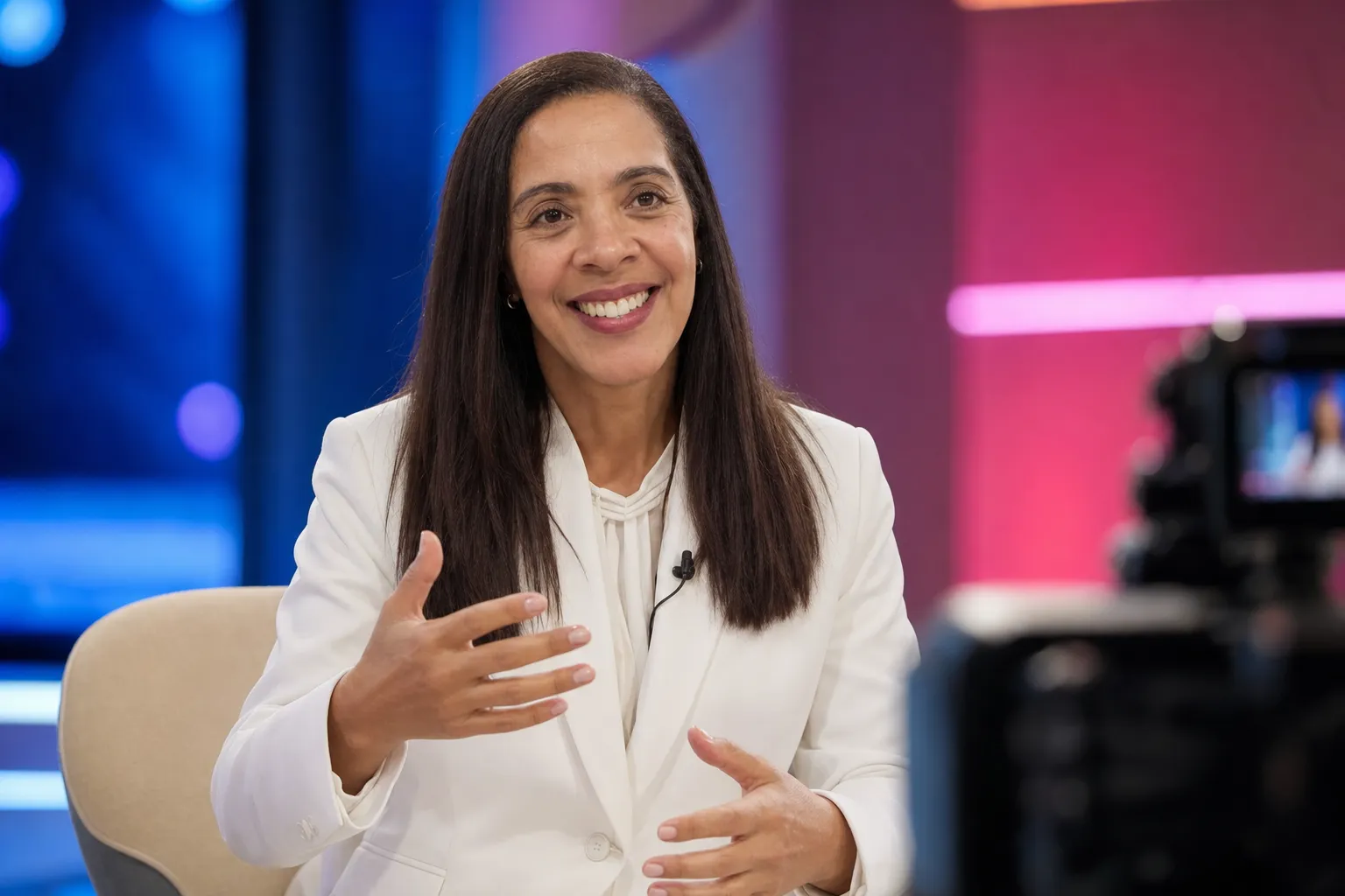 Wania Rodrigues em entrevista em estúdio de TV